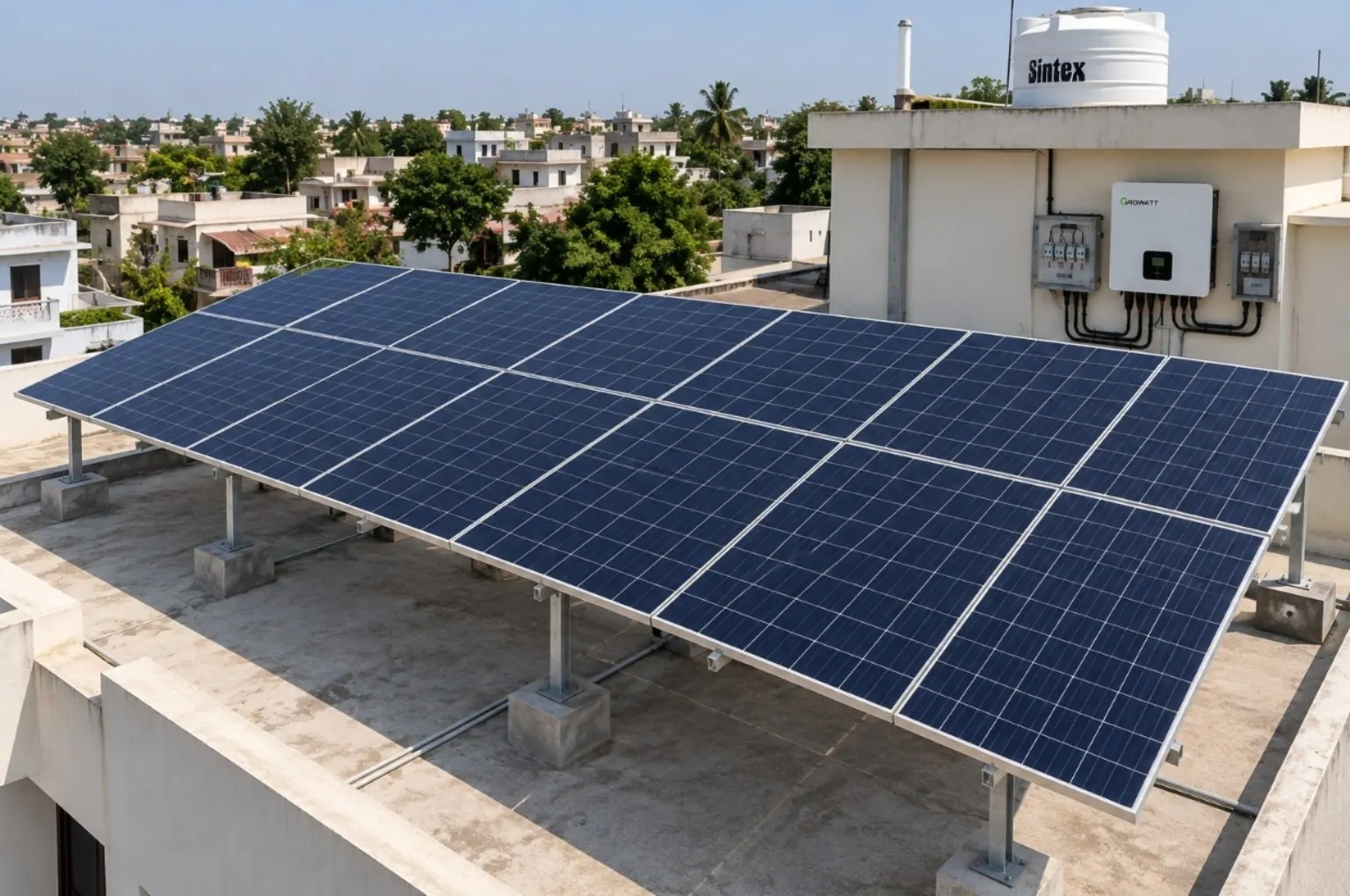 Solar panels mounted on a rooftop support structure