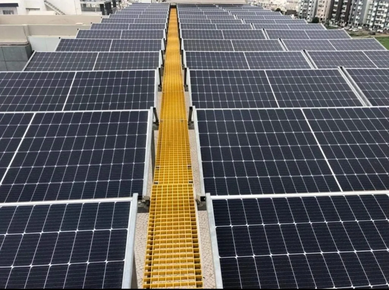 Close view of photovoltaic solar panels installed in rows